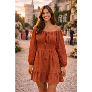 NWTs Lillusory Cotton Mini Dress Burnt Orange Cottagecore Romantic Quiet Luxury